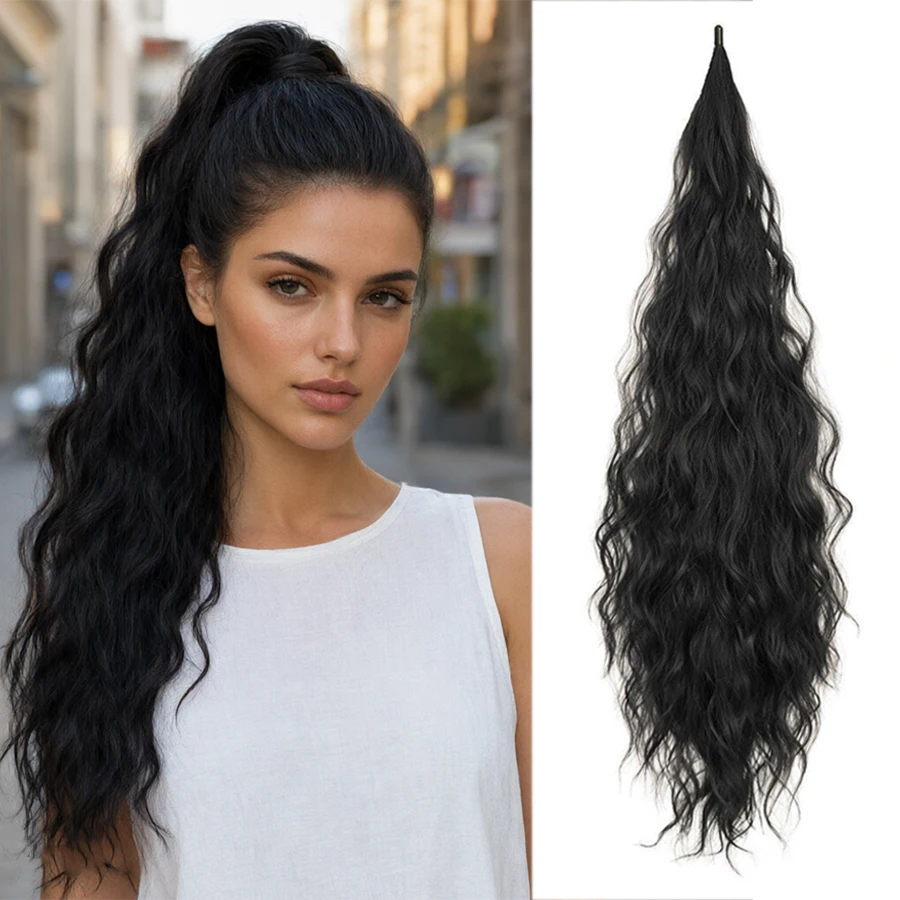 28 Inch Synthetic Long Wavy Wrap Around Magic Stick Ponytail Extension Fluffy Fake Hair Piece For Women Daily Party