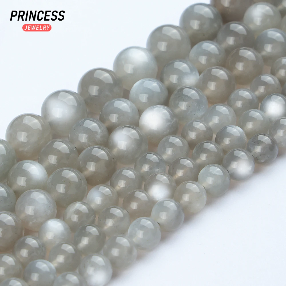 A+++ Natural Silver Grey Moonstone 6 8 10mm Loose Beads for Jewelry Making Bracelets Stone Beads DIY Accessories