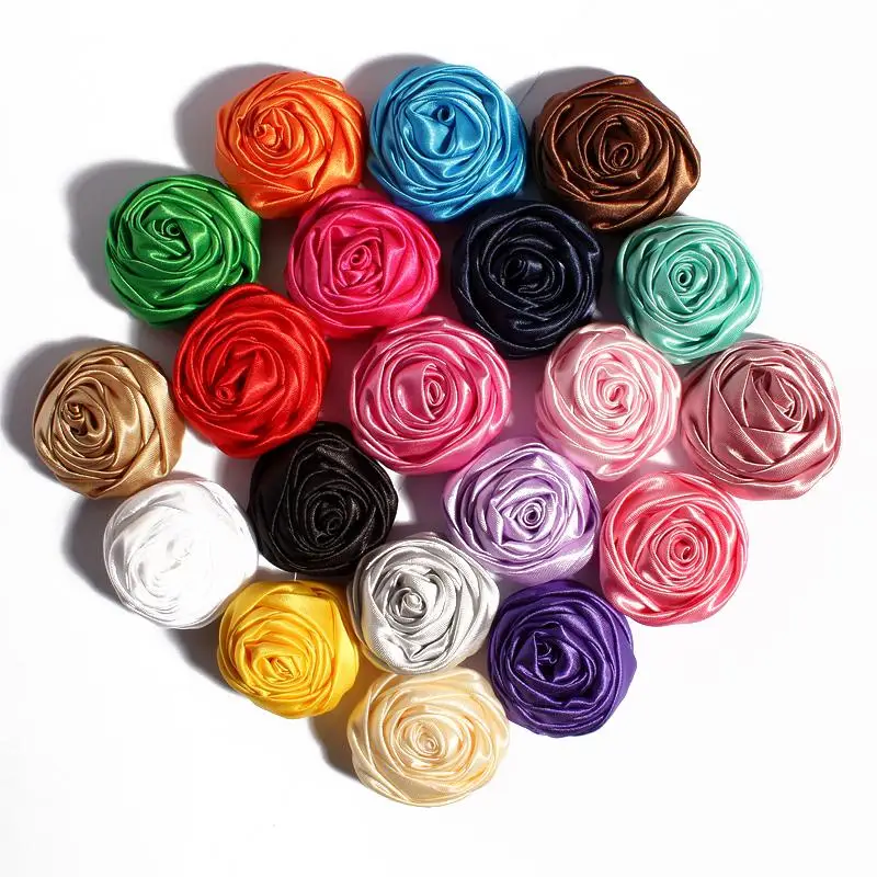 50pcs/lot 5CM 20Colors Novelty Artificial Soft Satins Ribbon Rolled Rose Fabric Flowers For Headbands Children Hair Accessories