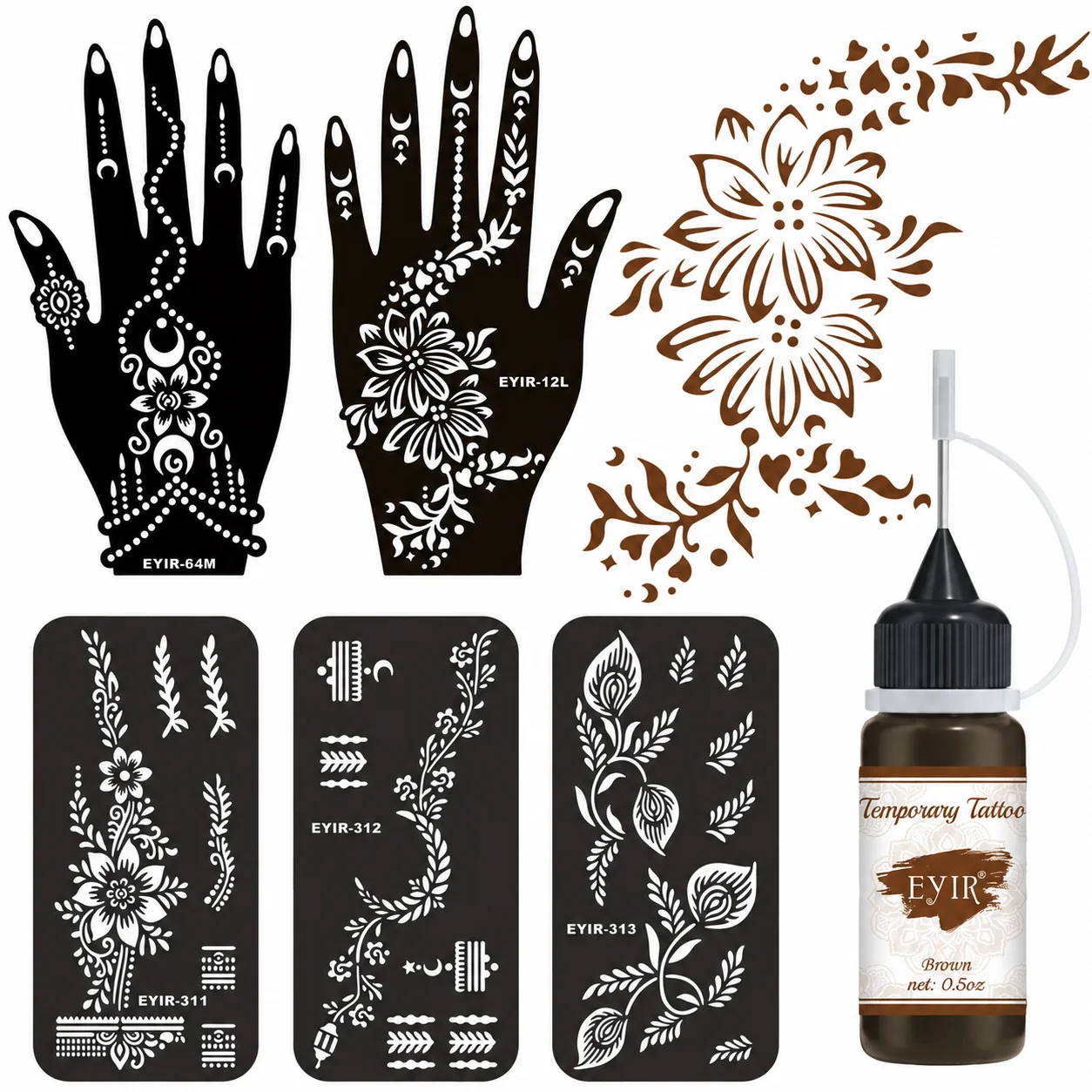 EYIR Henna Tattoo Kit 5PCS Mandala Stencils with Brown Tattoo Paste Reusable Body Art Templates Temporary Tattoo DIY Design Tool