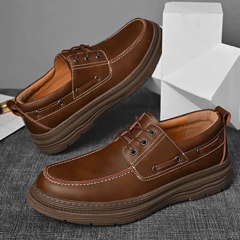 Hot Selling Autumn Lace Up Oxford Shoes Thick Soled Men\'s Genuine Leather Business Shoes Versatile Retro Brown Work Shoes