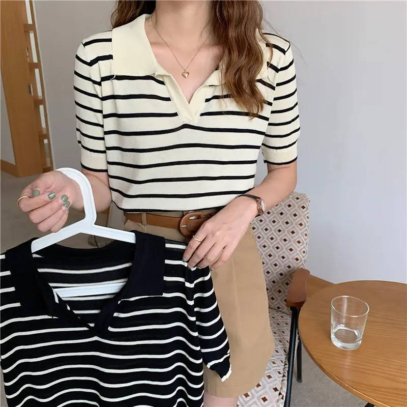 Summer New Ice Silk Striped Knitting Tops Polo Neck Short Sleeve Loose All-match Pullovers Vintage Fashion Women Clothing