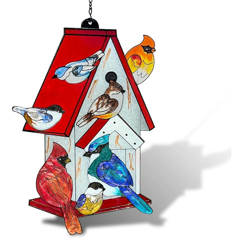 New Stained Glass Window Hanging - Sun Catchers Indoor Window Cardinal Gifts,Hand-Painted Stained Glass Birdhouse Suncatcher