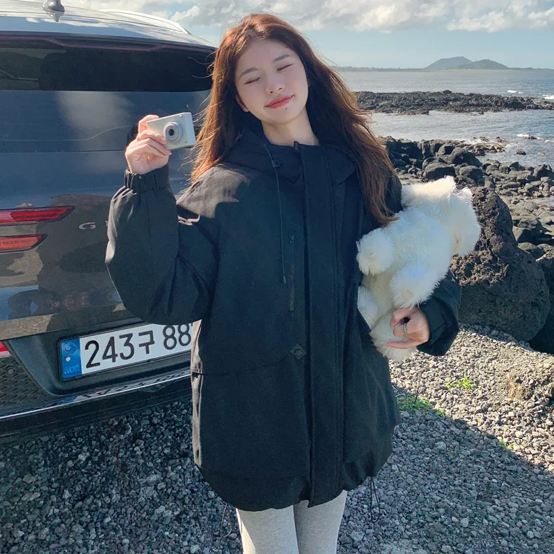 

Черная женская куртка-пулемет, осень 2023, новинка, свободная рабочая одежда с капюшоном, тонкая повседневная одежда