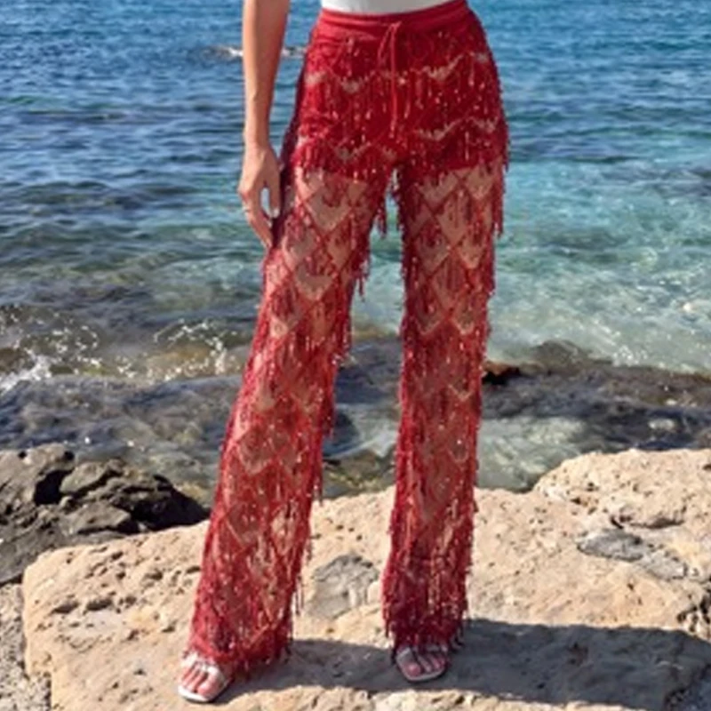 Beach Cover Up Party Bottoms Mujer Women Mesh Fringe Flare Pants Drawstring Waist Sheer Diamond Crochet Tassel Wide Leg Trousers