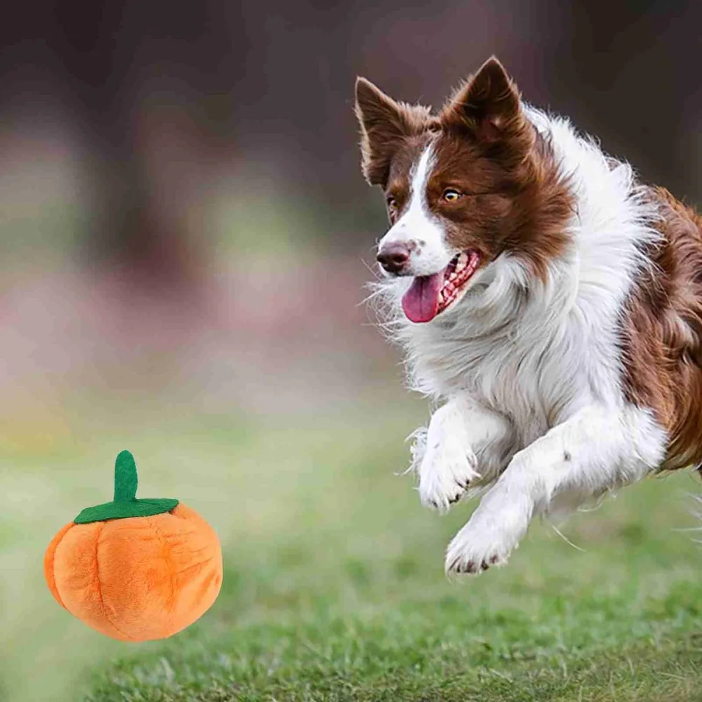 Soft Pet Toy Stuffed Interior Orange Squeaky Dog Toy Squeaky Insert Pumpkin Shaped Chew Toy Cat Entertainment