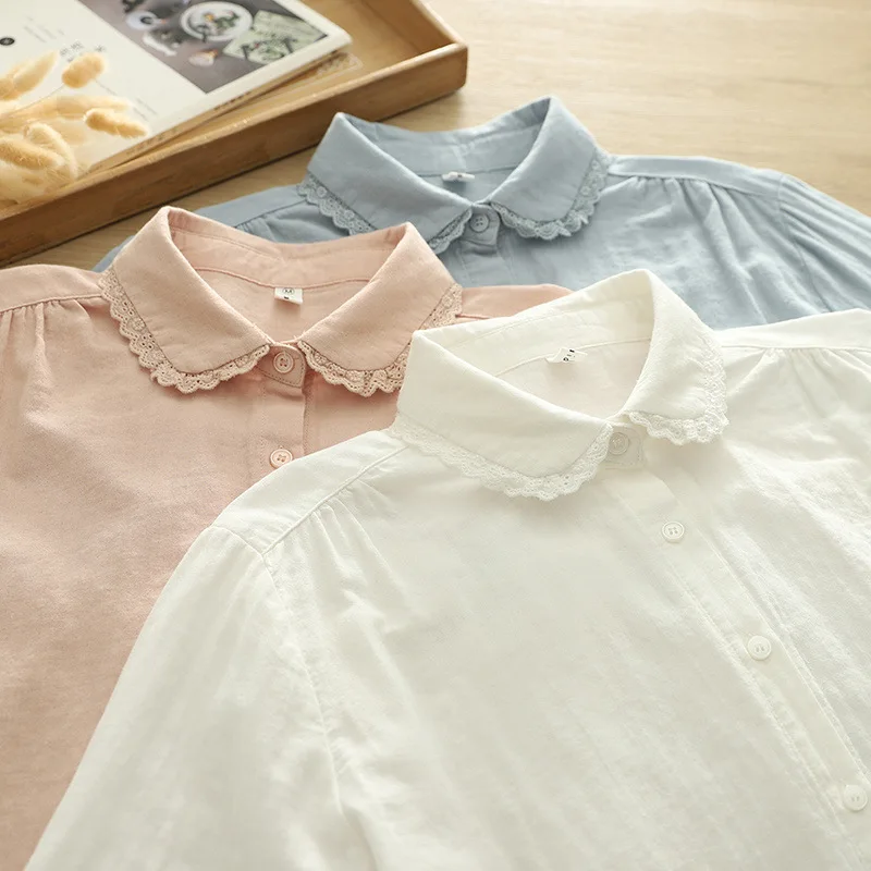 

Autumn Shirt Woman Japanese Style Peter Pan Collar White Blue Pink Solid Shirts and Blouses Japanese School Uniform