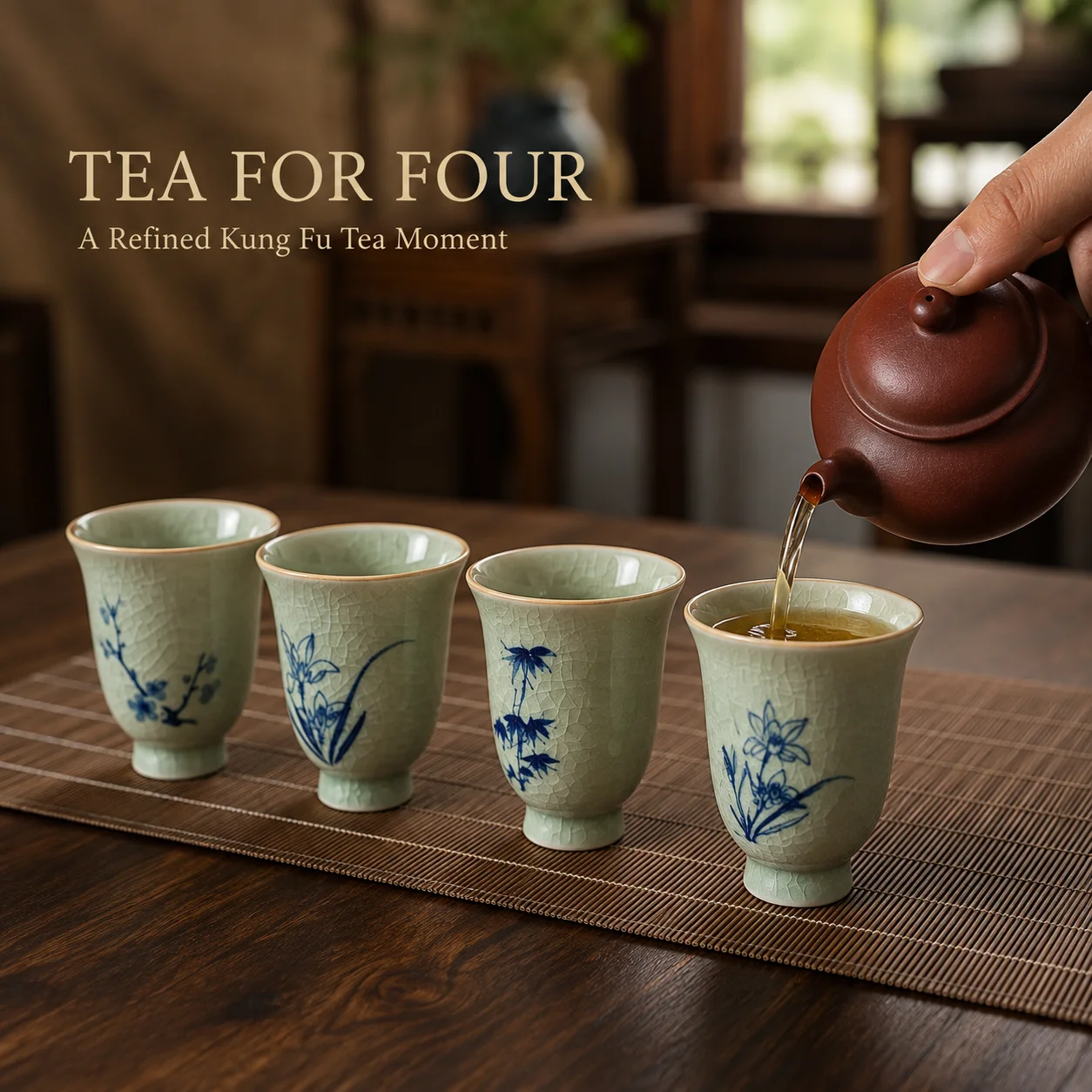 Unique Chinese Four Noble Plants Ceramic Tea Cup for Kungfu Tea - Premium Handmade Heat Resistant Durable Non-slip Gift Box Set