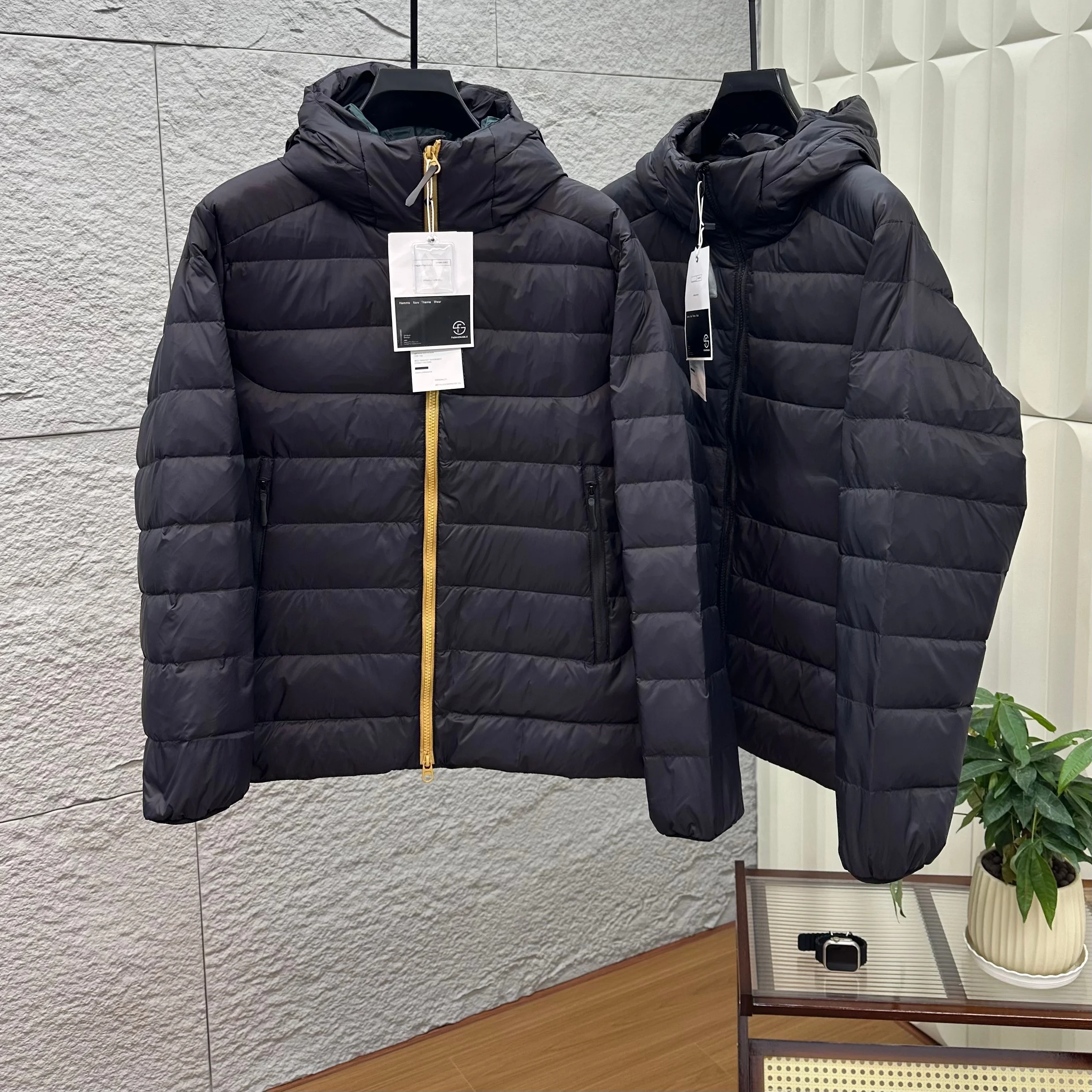 

Men's Outdoor Lightweight Hooded down Jaet Spor Sle Long Sve White Du Feather Warmth Thin Casual Coat