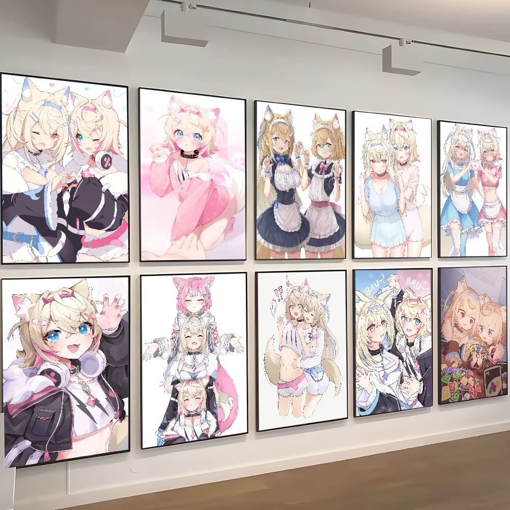 FuwaMoco Fuwawa Mococo Hololive Vtuber Anime Posters Sticky Waterproof Paper Sticker Coffee House Bar Kawaii Room Decor