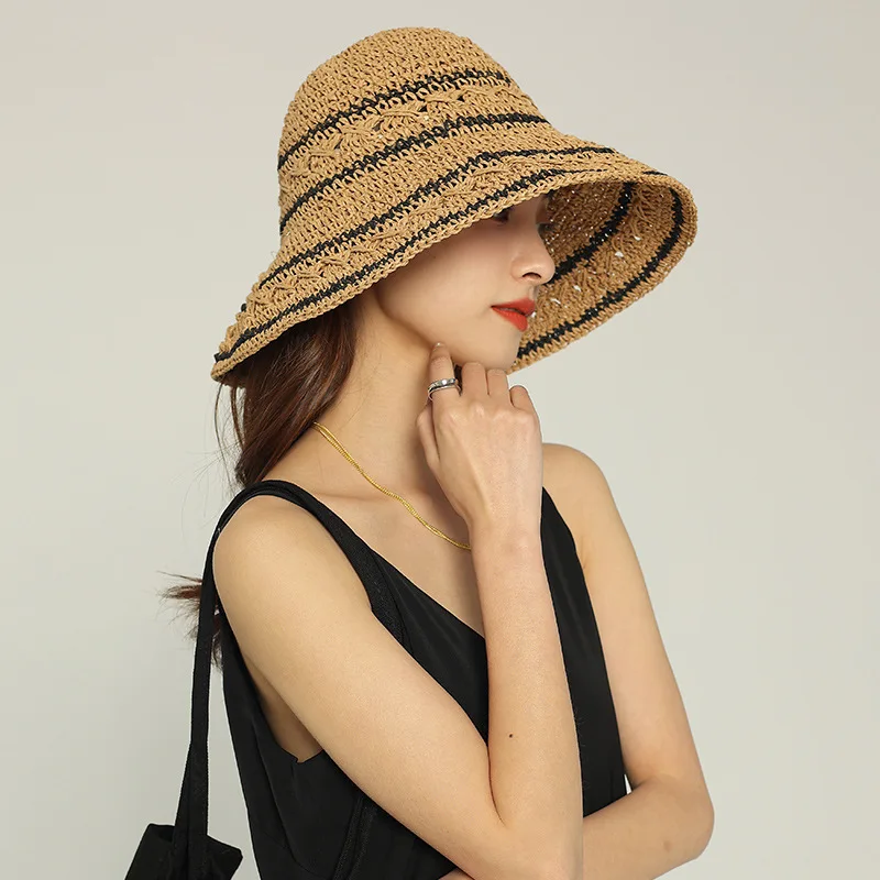 1 Stück Damen Bohemian Eleganter Stroh-Sonnenhut, Sommer Panama Strohtaschen, Sommer Stroh- oder Weidenhut, Bucket-Sonnenhut, Gestreifter Sonnenschutz