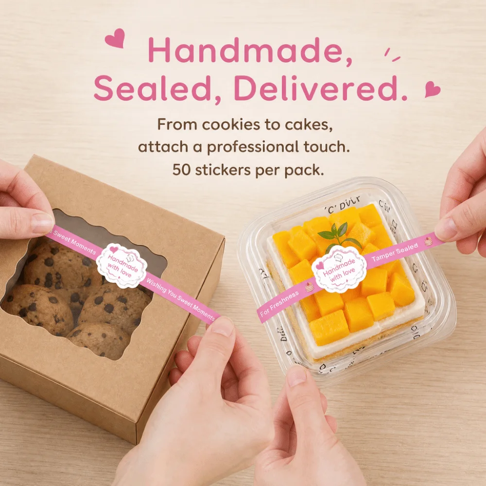50Pcs Self-Adhesive Food Retail Package Seal Stickers Handmade Waterproof Baking Gift Box Sticker Long Label Cute