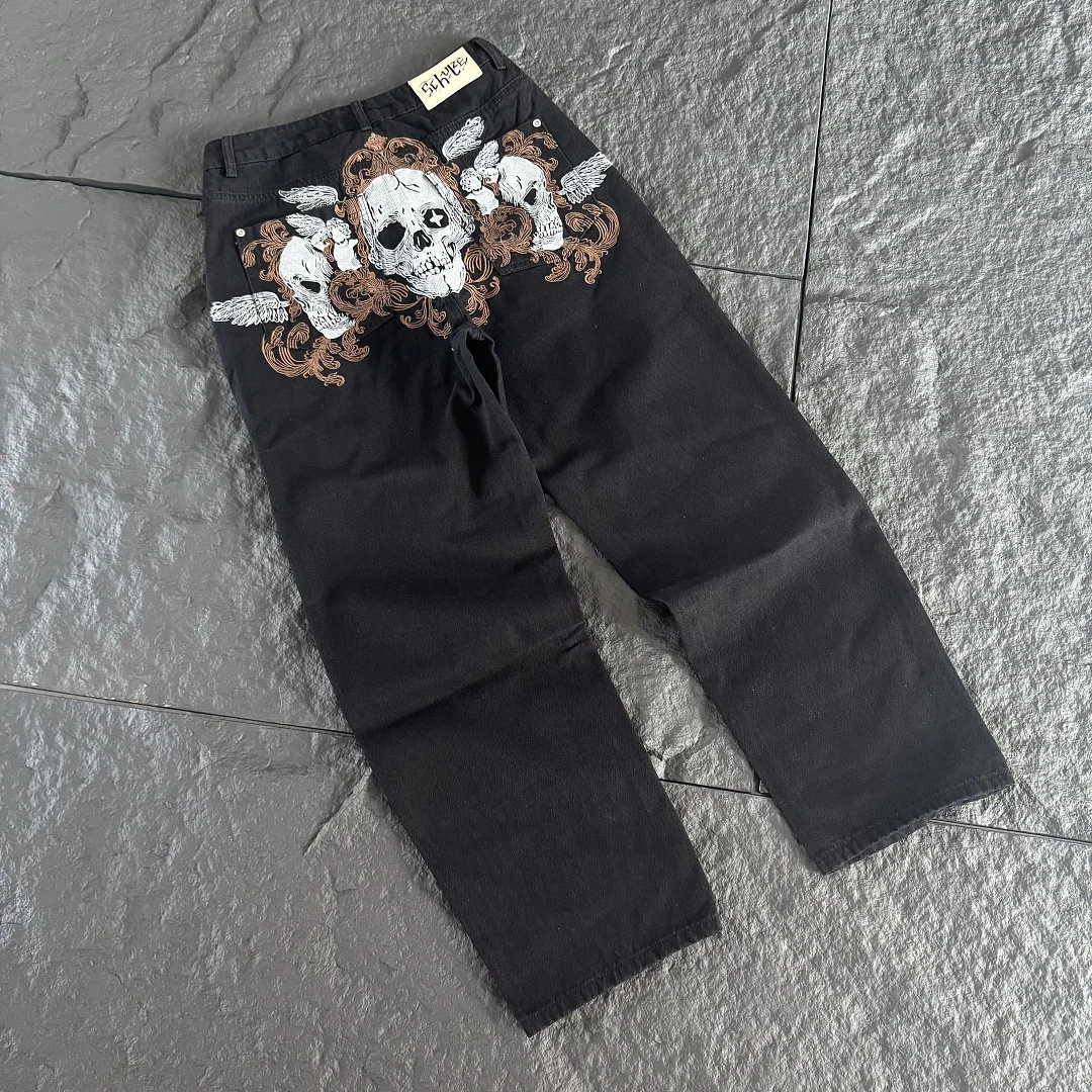2026 High Street Dert Design Triple Skulls Embroidery Men Straight Denim Pants Jeans Loose Fit Men Casual CARGE Jeans