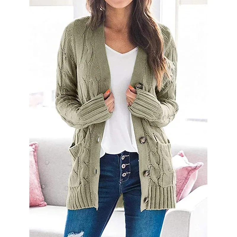 

Womens Outerwear Single Breasted Solid Color Knitted Sweater Autumn Winter Versatile Women's Long Sleeve Pocket Cardigan
