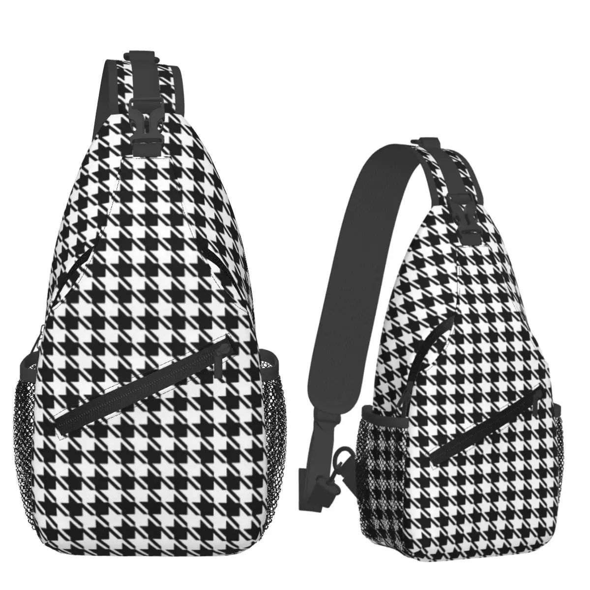 Houndstooth Black And White Pattern Chest Bag Men Sling Crossbody Backpack Chest Bag Travel Hiking Daypack Shoulder Bag