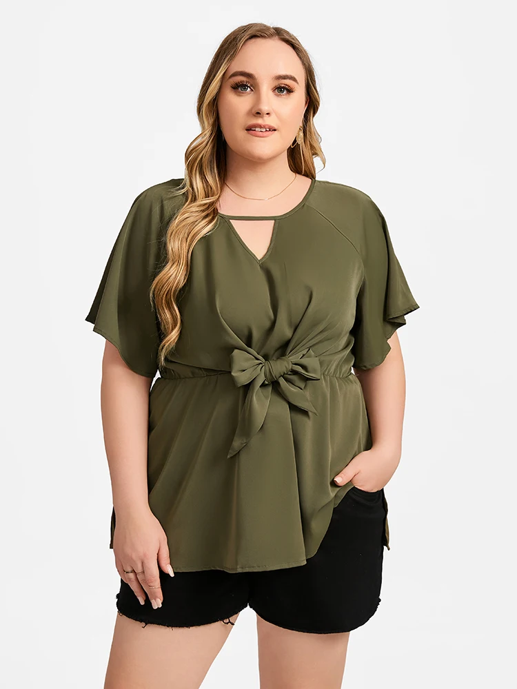 Plus Sized Clothing Summer Office Lady Shirt Tops Women Elegant Short Sleeve Work Blouse Solid Hollow Out Tie Front Waisted Tops