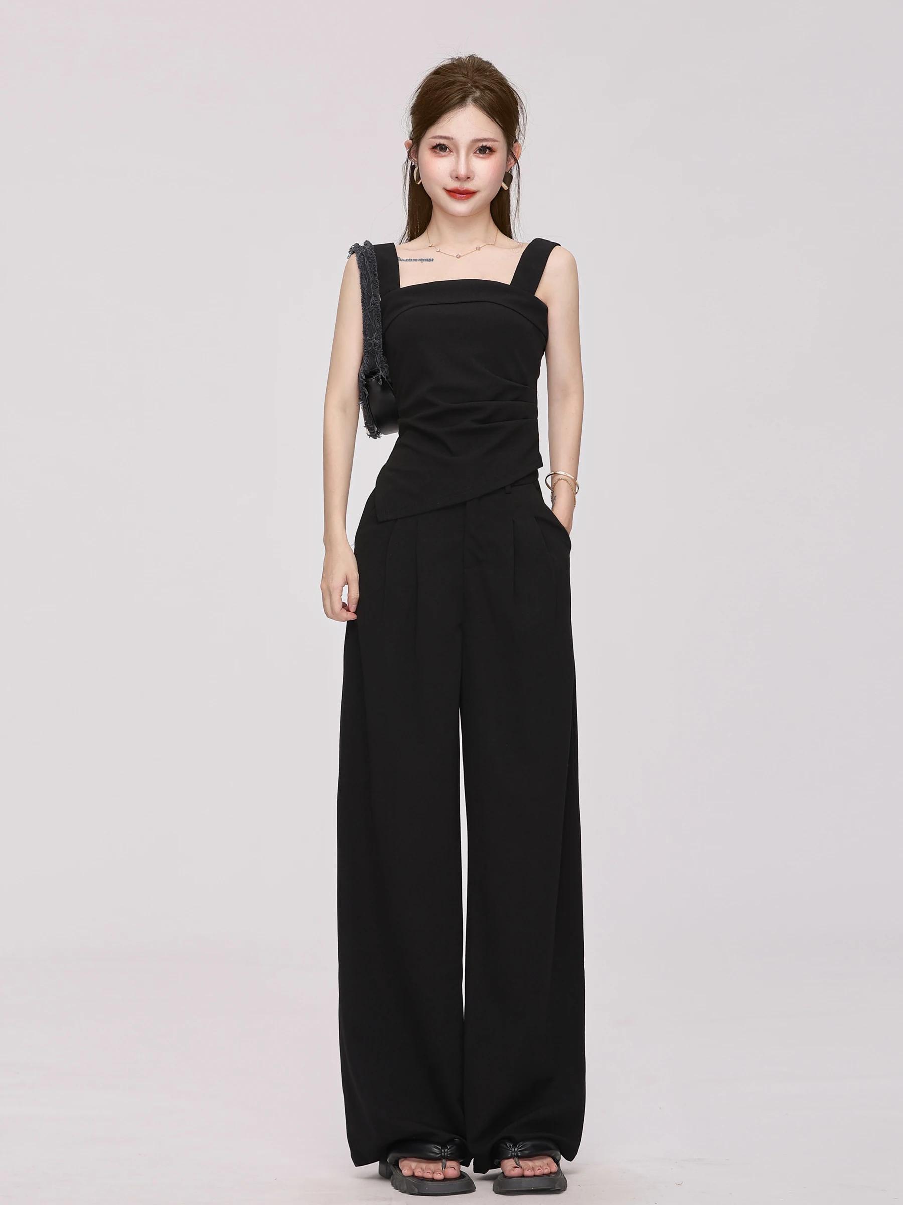 

Летний комплект из двух предметов для похудения, женские свободные широкие брюки, повседневные длинные брюки, топы с квадратным воротником и бретельками, модный ансамбль