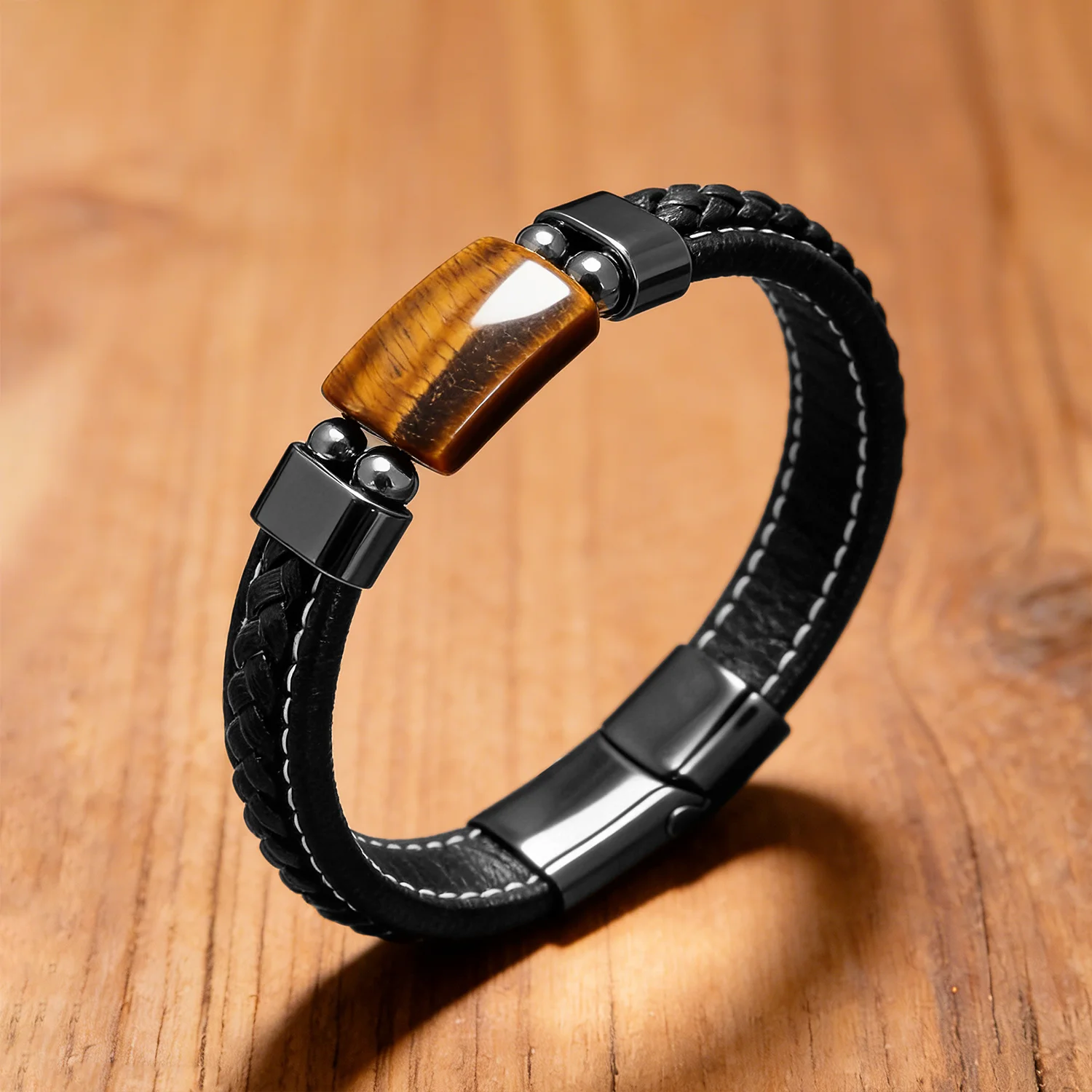 Men's Bracelet Natural Tiger Eye Agate Stone Braided Leather Rope Stainless Steel Magnetic Clasp Jewelry Gift