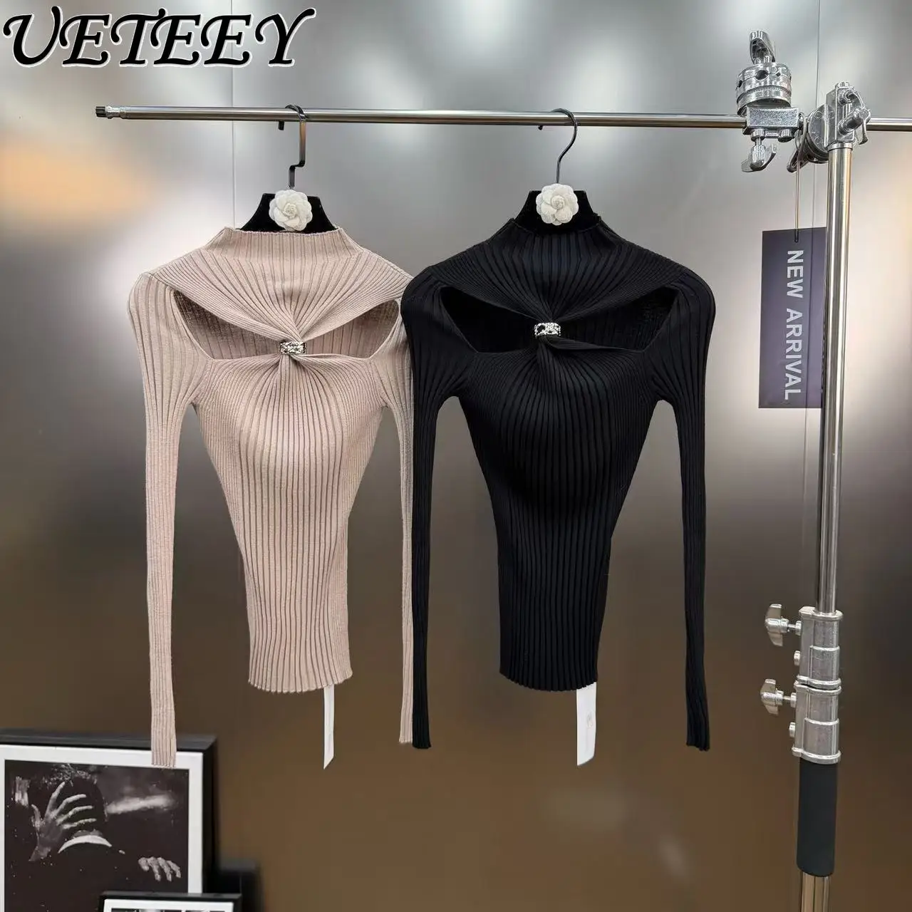 

2026 Spring Half Turtleneck Pure Desire Rhinestone Button Distressed Hollow Knit Sweater Stretch Slim Fit Black Sweater Top Lady