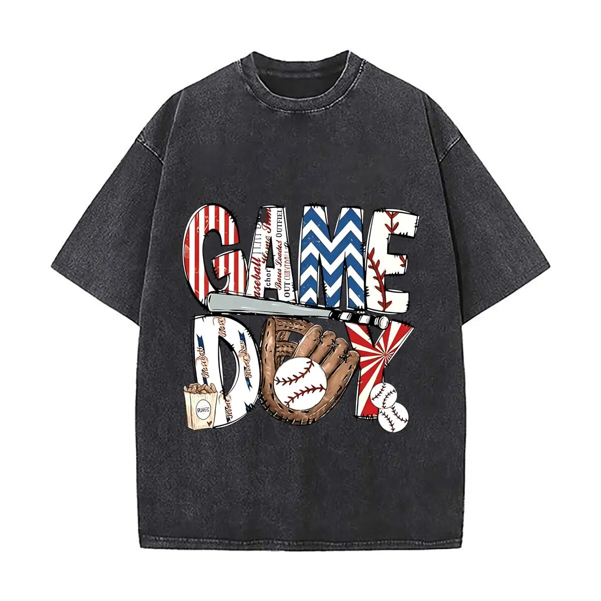 Baseball Game Day Graphic Distressed Faded Baggy Streetwear Tops for Park Hangouts