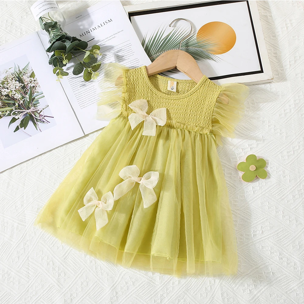 Summer baby girl dress girl\'s patchwork mesh three-dimensional large bow fly sleeve round neck princess dress