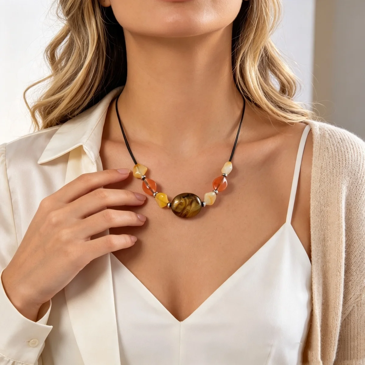 Ästhetische Boho-Halskette mit unregelmäßigen Acrylperlen und schwarzem Seil für Damen und Herren, Retro-Handarbeit, geometrischer Choker, Partyschmuck – Detail 9