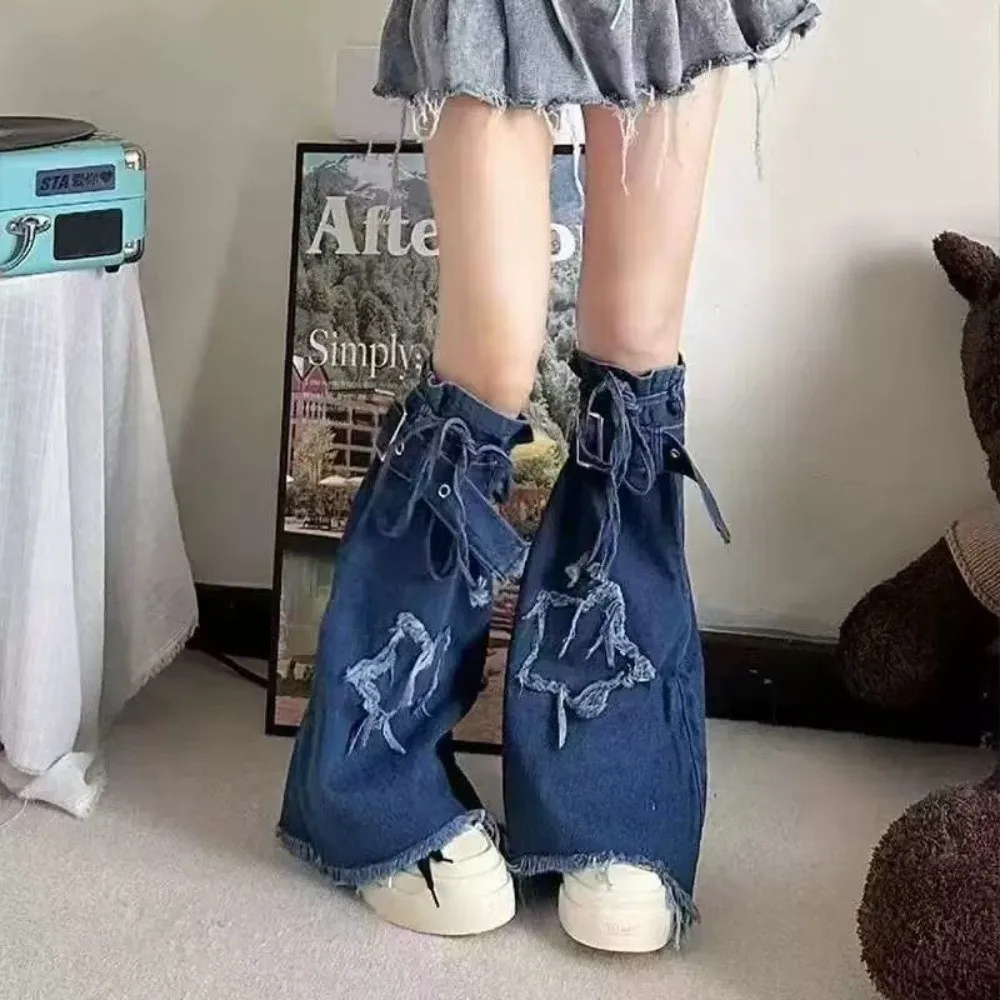Giapponese JK Lolita Y2K Denim Scaldamuscoli Stelle Panno di jeans Croce Tromba Coprigambe Footcover Pile Up Calzini Calze lunghe Ragazze