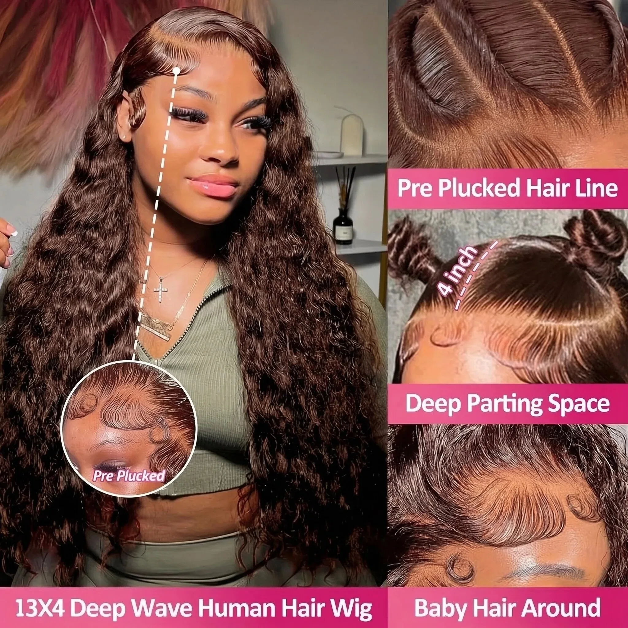Chocolate Brown Deep Wave Human Hair Wig 13x4 HD Lace Glueless Lace Front Wigs Human Hair On Clearance Sale Curly Human Hair Wig image 4