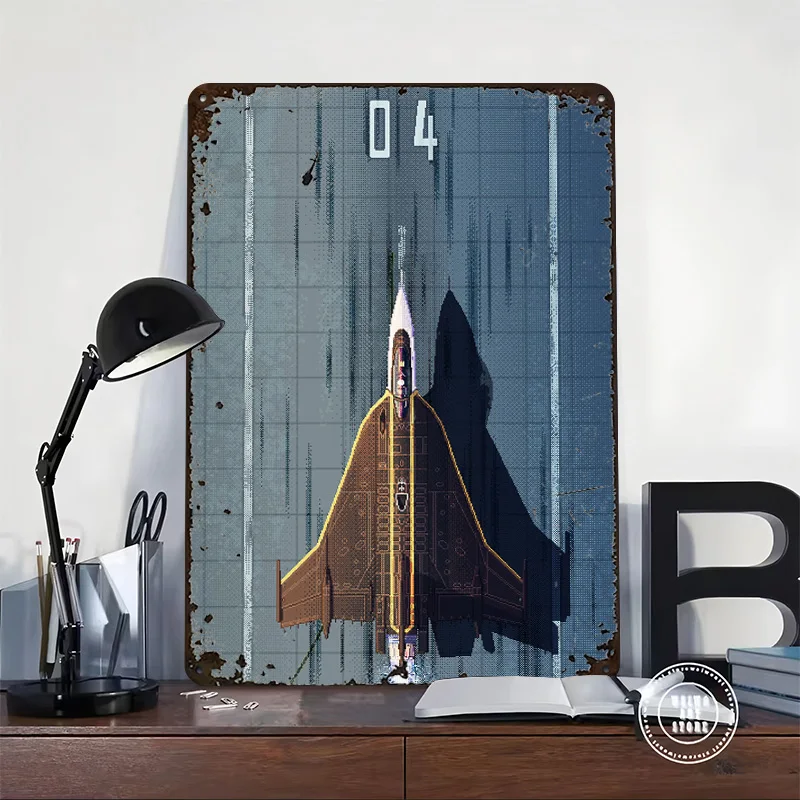 Pixel Art F16XL Takeoff Personalized 3D Textured Metal Poster Wall Art Tinplate Sign for Room Decor Vintage Decoration Gaming