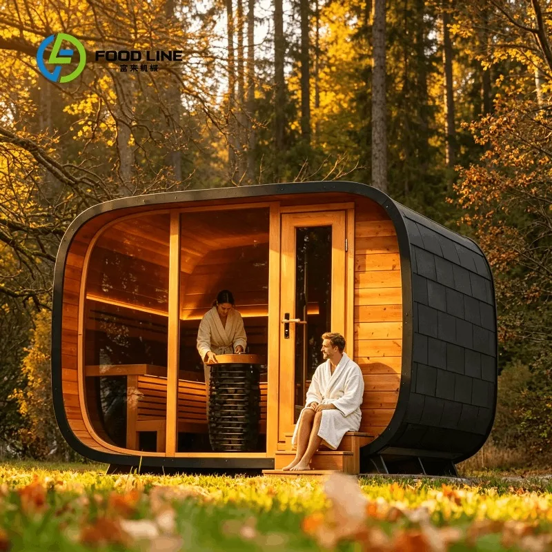 Customized Sauna Room With Black Roof Glass Door For Outdoor Garden Wellness Bulk Order Discount Offer Wood Frame
