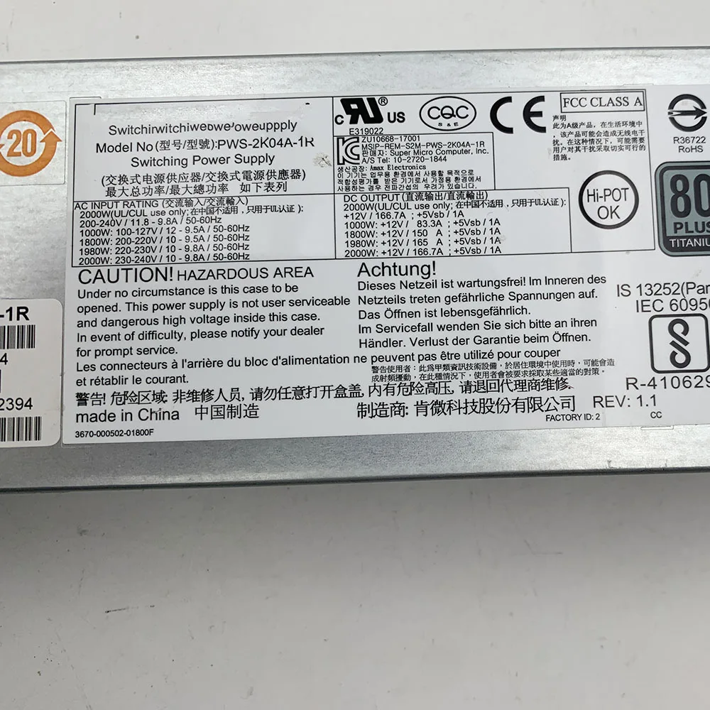 For Supermicro PWS-2K04A-1R 2000W Server Power Supply