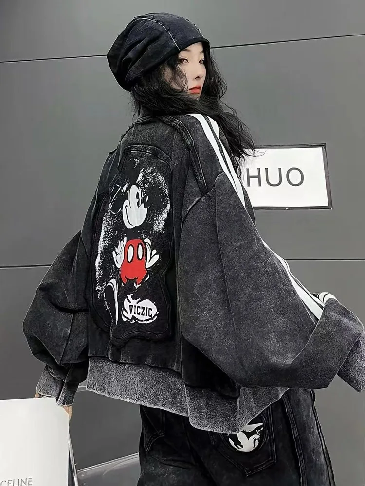 

Trendy Fashion Cartoon Stripe Stand Collar Jacket American High Street Style Loose Zipper Short Coat Women Clothing