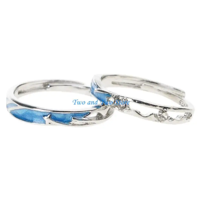 HX6F 2x Couple Rings Set Simple Sea Blue Meteoric Star Love Rings for Family Members