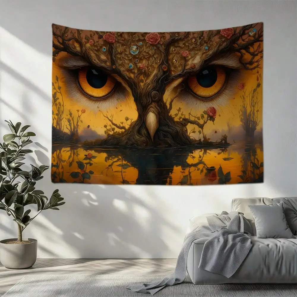 Owl Tree Tapestry - Surreal Fantasy Art Wall Hanging, Rose and Reflection Room Decor, Multiple Sizes
