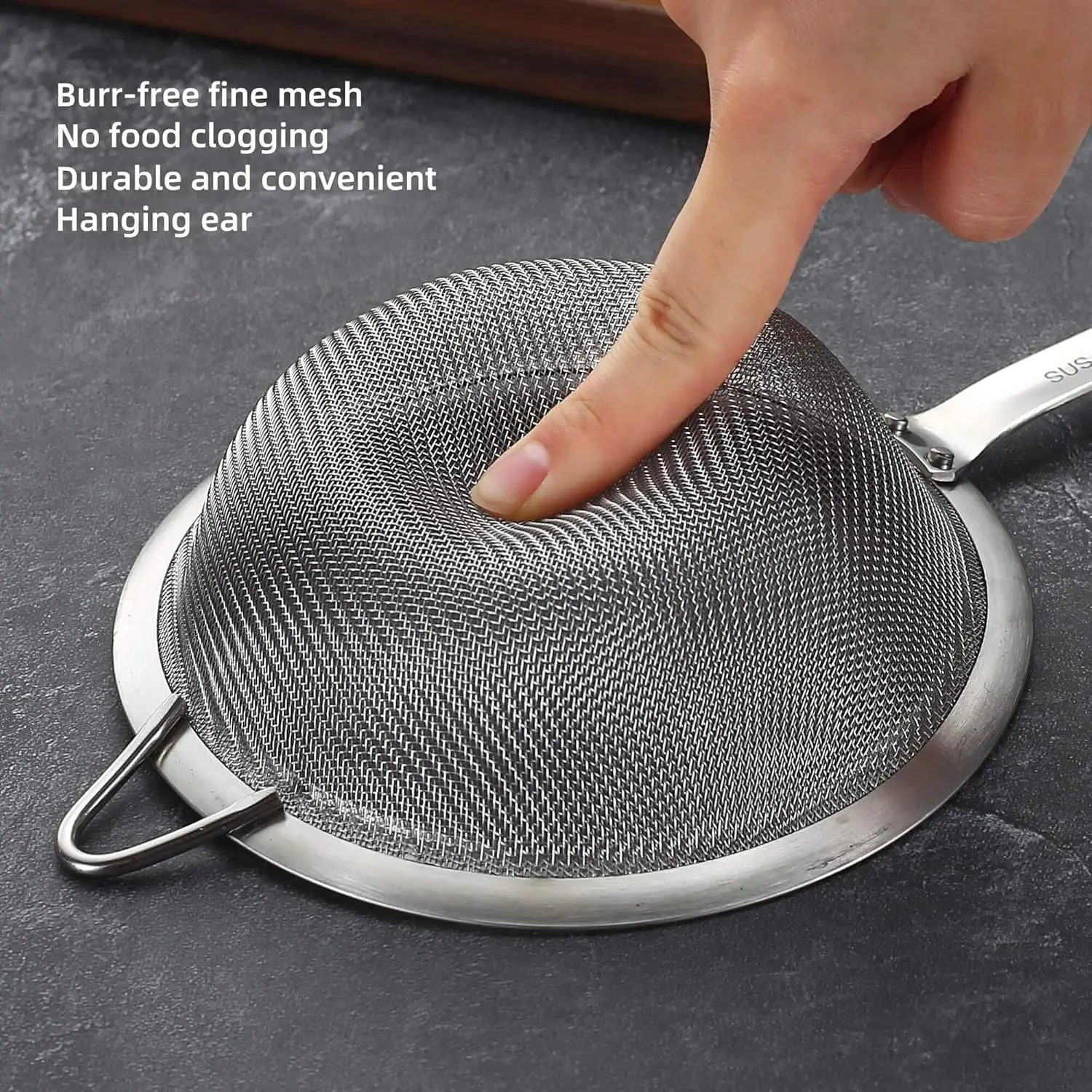 Stainless steel fine mesh filter and water filter with handle for kitchen use