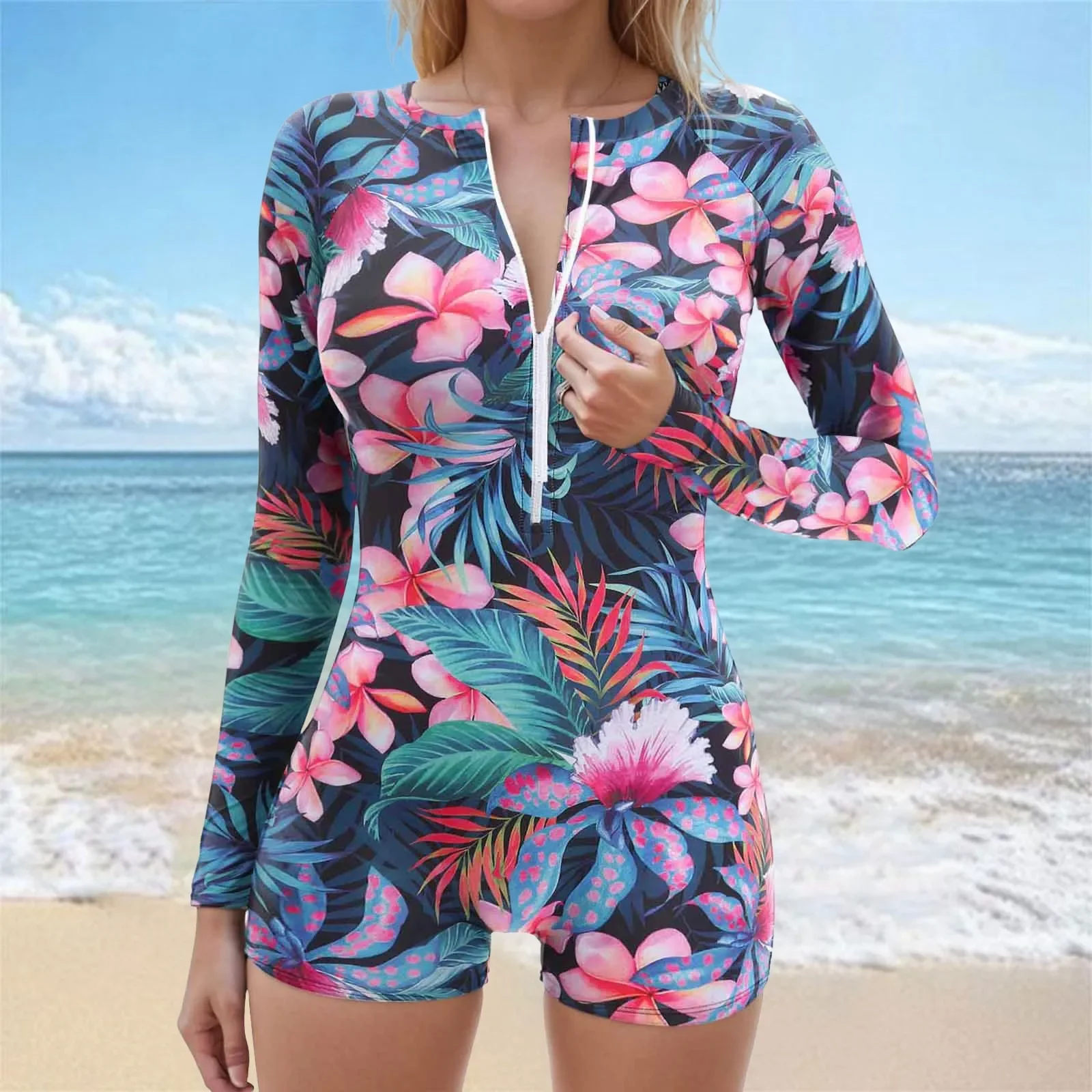 

2025 Купальный костюм с длинным рукавом и короткими штанинами для женщин, купальник с принтом, дизайн на молнии, комплекты бикини для серфинга, летние солнцезащитные