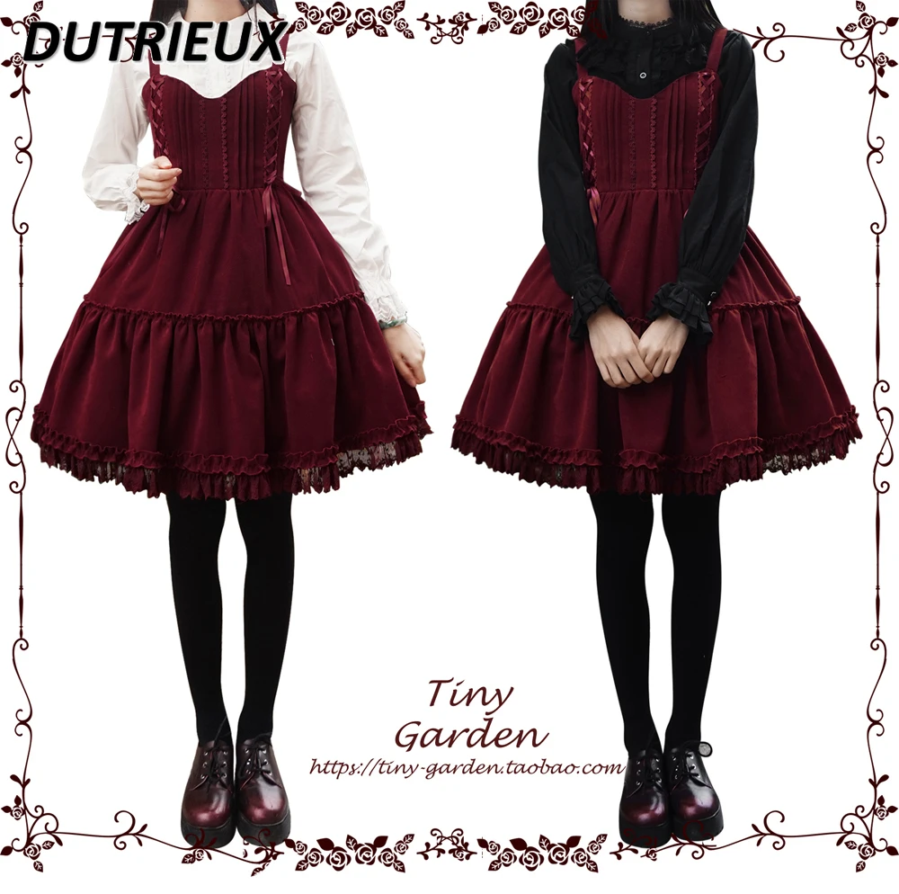 Burgundy Autumn and Winter Sweet Girls Bow Lace Suspender Dress JSK Lolita Style Elegant High Waist Slimming Tank Top Dresses