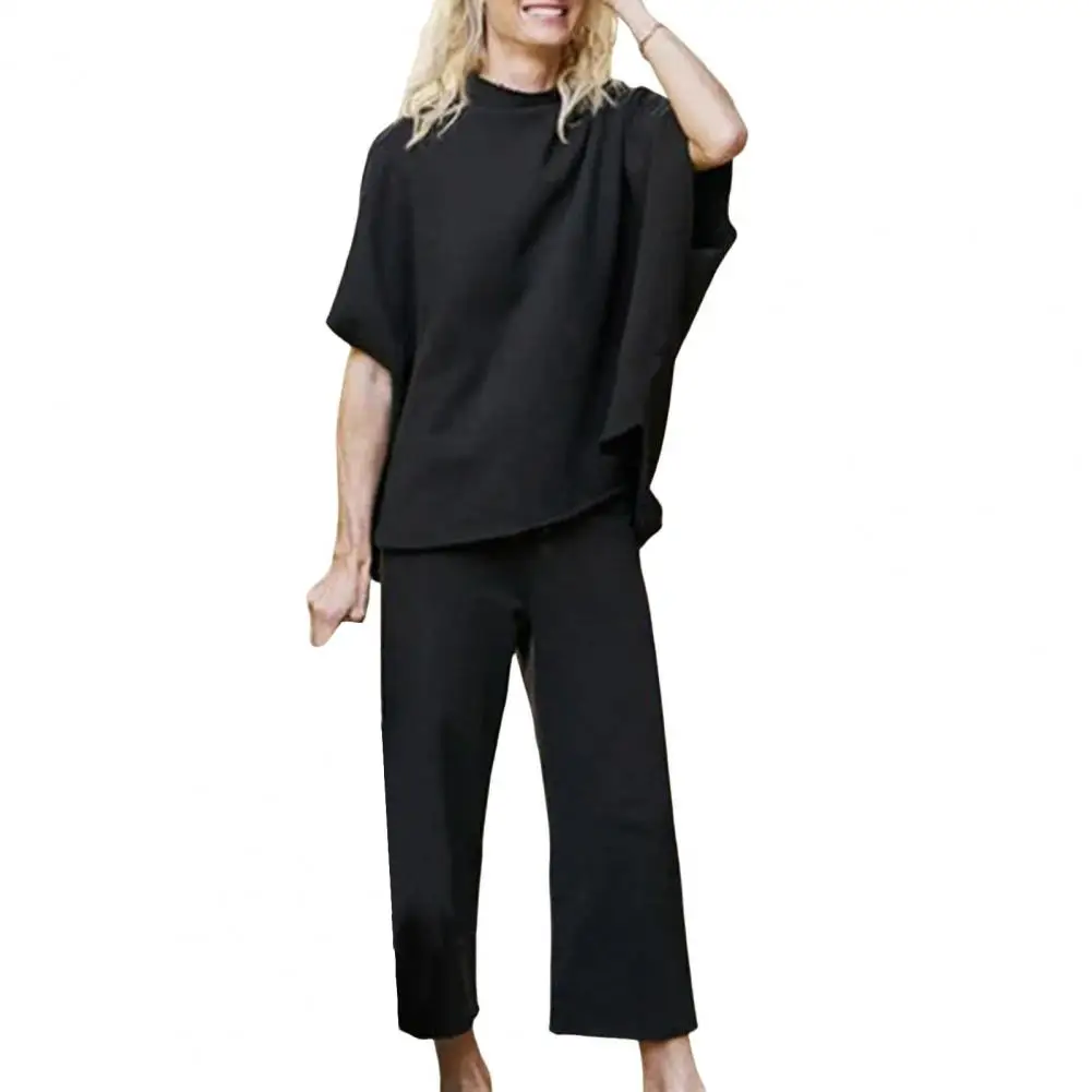 Women Loose Fit Pants Suit Chic Women\'s Bat Sleeve Top Wide Leg Trousers Set for Stylish Ol Commute Versatile Outfit with O Neck