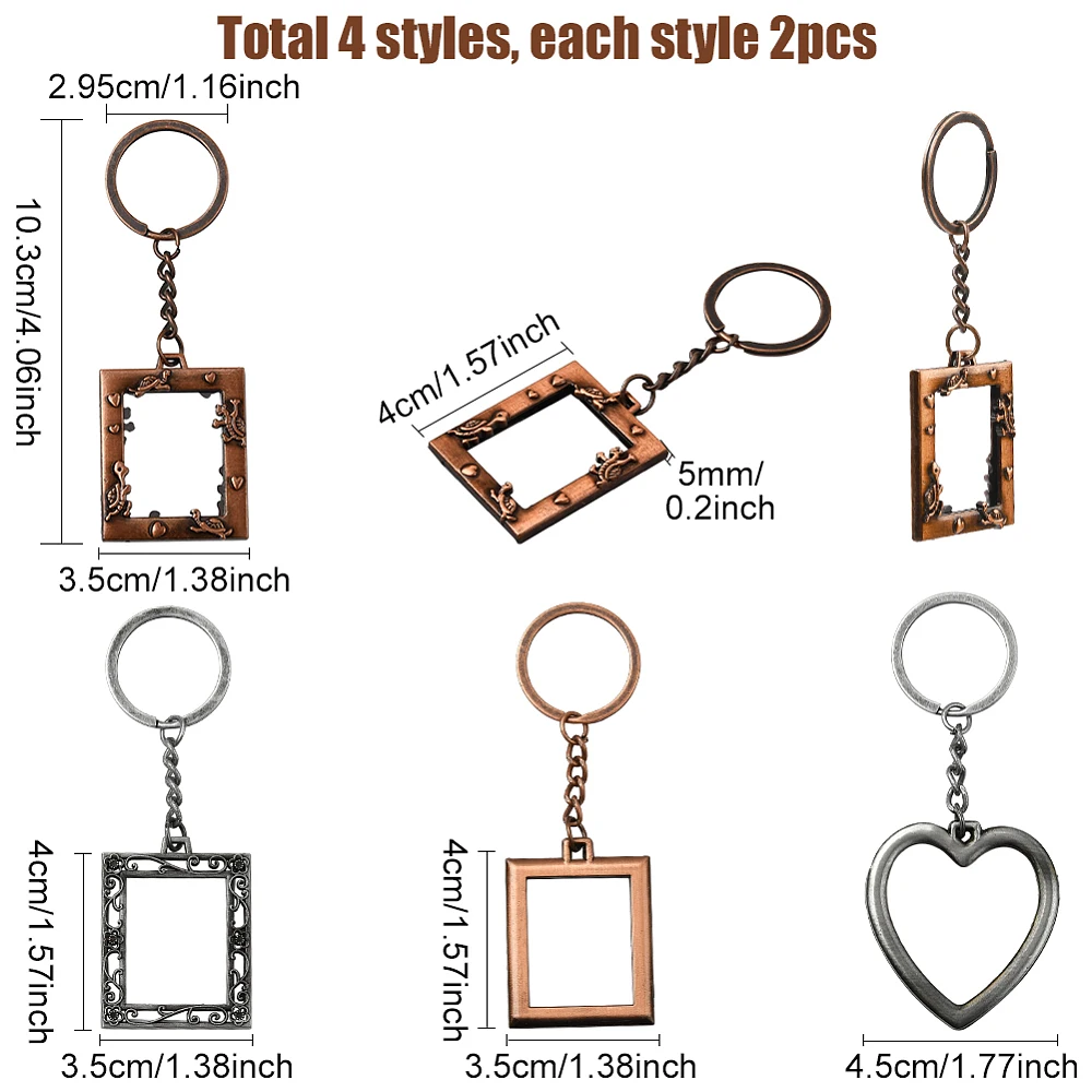8Pcs 4 Styles Heart Picture Frame Keychains Photo Keychain Vintage Colorful Rectangle Retro Dangle Personalized Small Frames