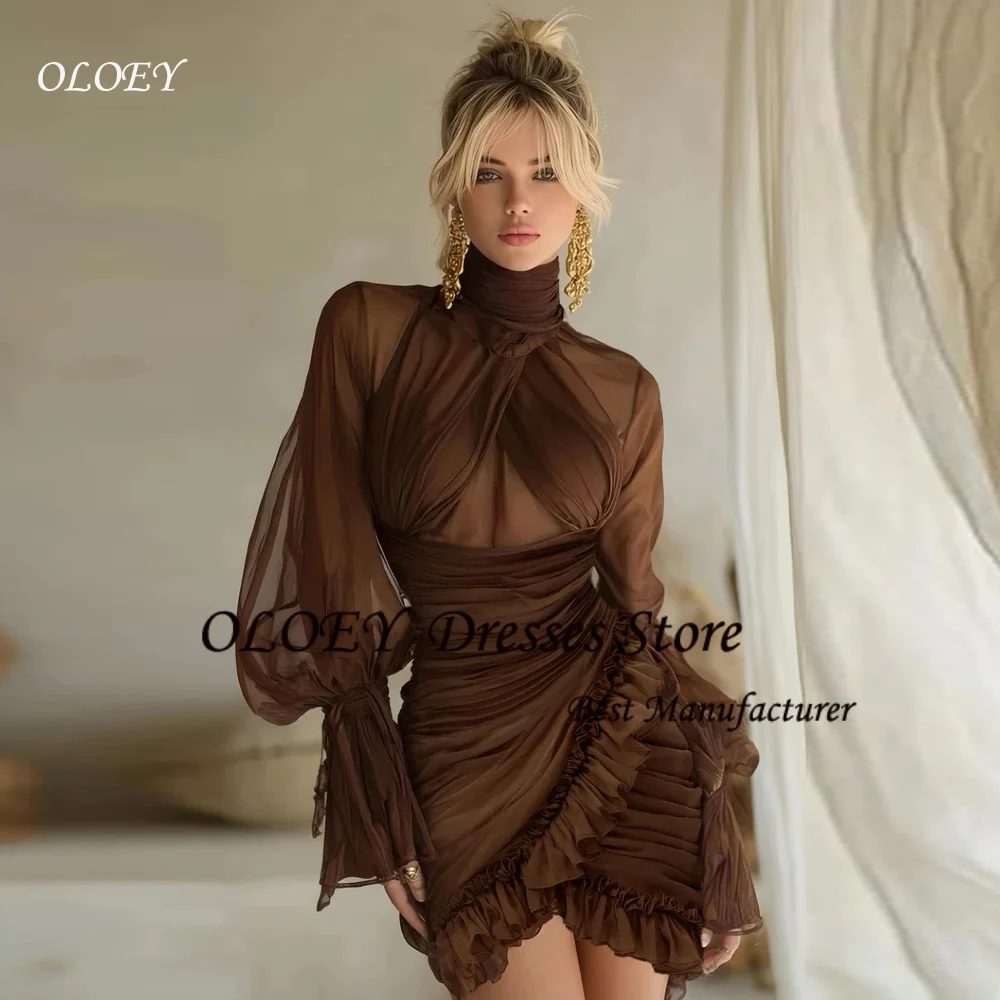 

OLOEY Chiffon Full Sleeves Modern Brown Short Evening Dresses High Collar Cocktail Dresses Pleated Birthday Party Gowns Customiz