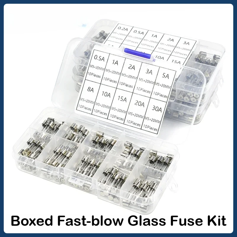 

Boxed Fast-blow Glass Fuse 250V 0.2A 0.5A 1A 2A 3A 5A 8A 10A 15A 20A 30A 5x20mm Household Assorted Car Glass Tube Fuses Kit