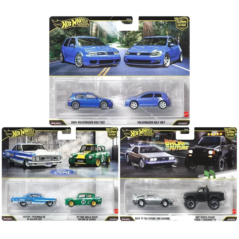 Original Hot Wheels Premium coche cultura juguetes niños 1/64 Diecast volver al futuro tiempo máquina Volkswagen Golf Ford Anglia modelo