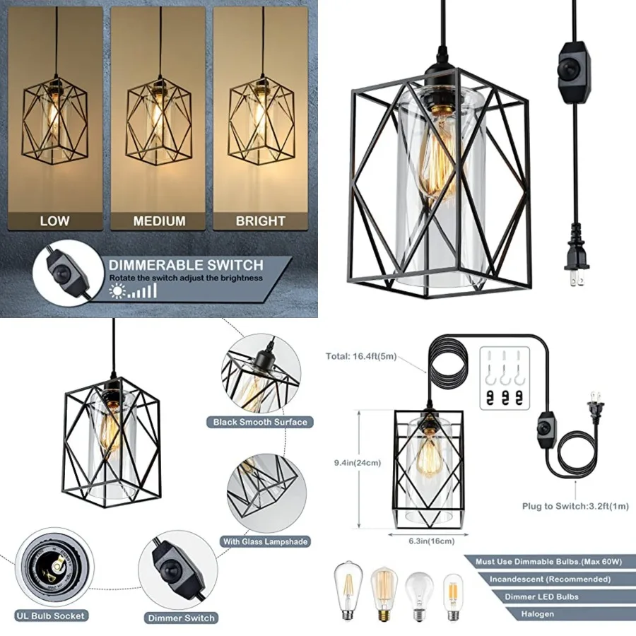 

Plug in Pendant Light with Dimmer Switch, Outdoor Farmhouse Hanging Lights Fixtures for Gazebo and Porch, Plug in Ceiling Light
