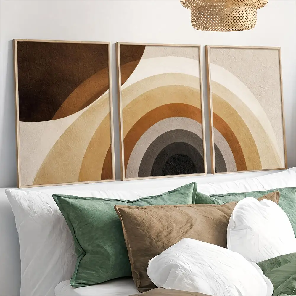 Neutral Boho Mid-Century Rainbow Painting Calligraphy Canvas Poster Set Wall Art Print for Living Room Bedroom Home Modern Decor