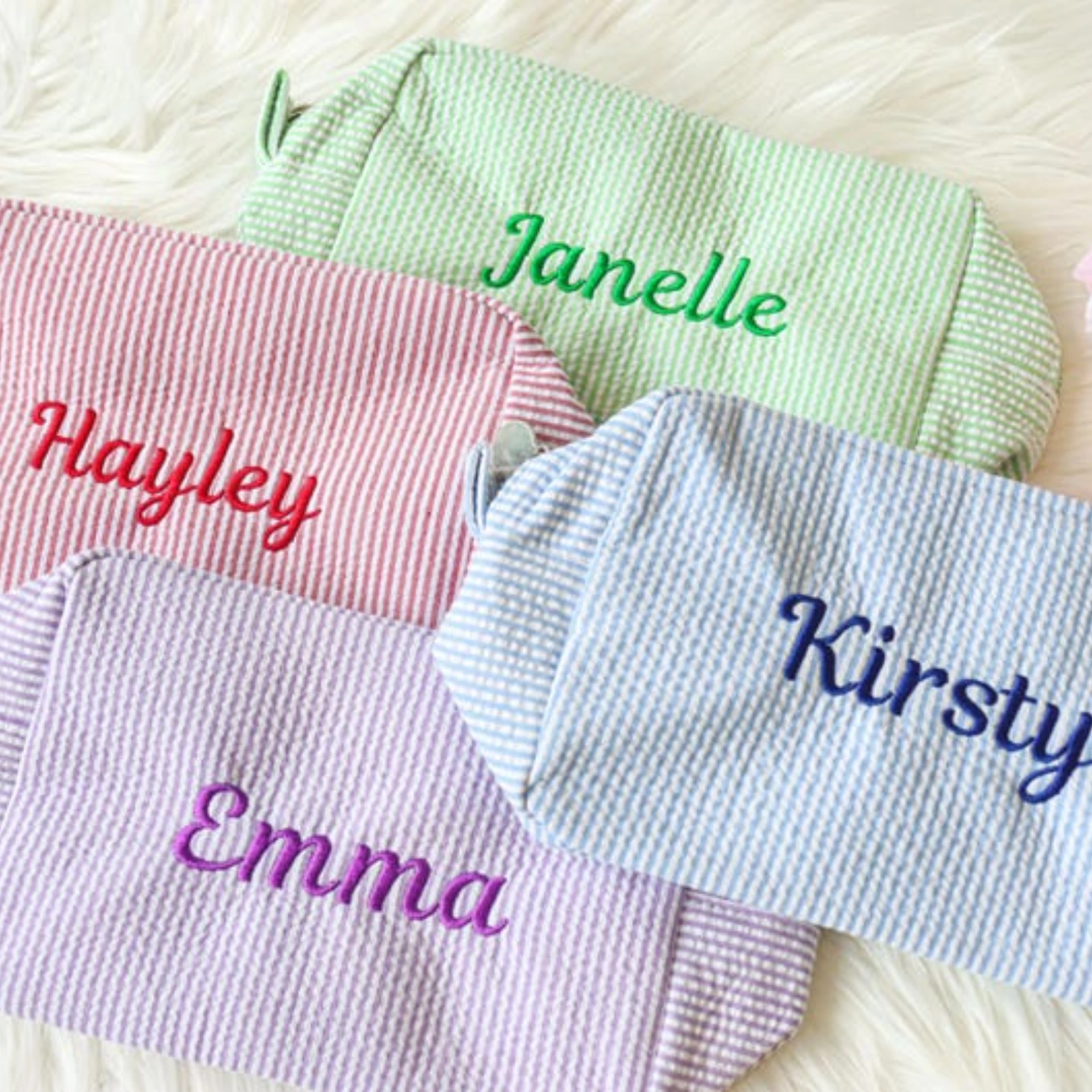 Personalized Embroider Cosmetic Bag, Seersucker Makeup Bag, Bridesmaid Gifts, Makeup Organizer, Bridal Shower Gift