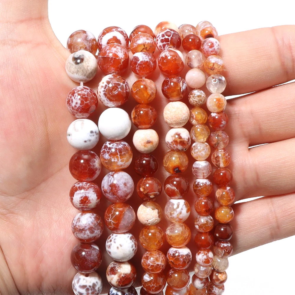 Natural Faceted White Red Frost Cracked Fire Carnelian Onyx Agates Round Beads 15'' Strand 6/8/10mm Diy Bracelet Accessories