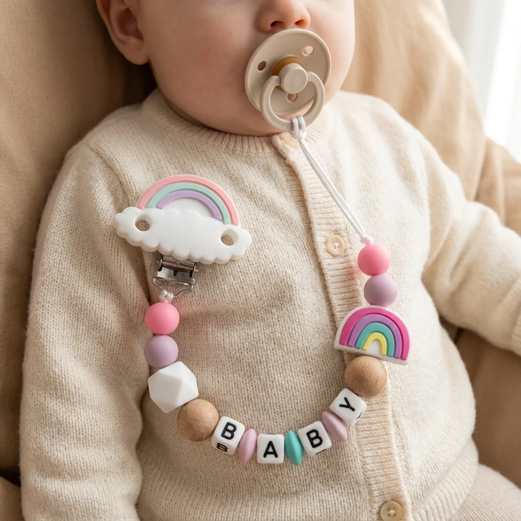 Custom Name Baby Pacifier Chain Colorful Rainbow Silicone Teething Toy Cloud Clip BPA Free Chew Newborn Gift