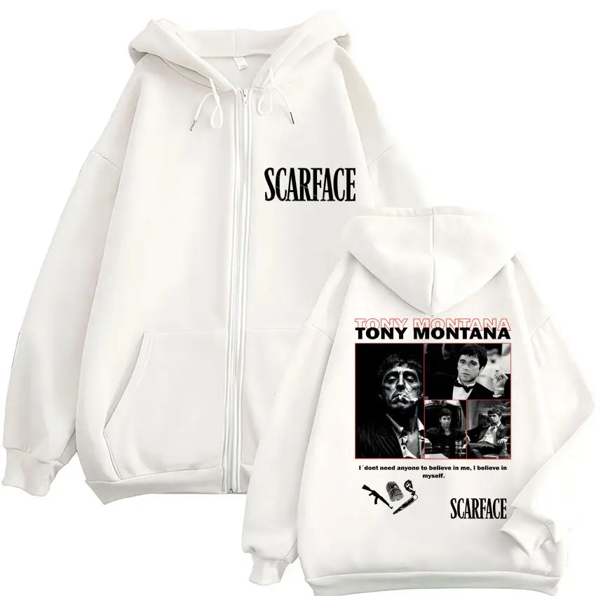 Scarface Tony Montana Al Pacino Famous Movie Zipper Hoodie Vintage Fashion Men Women Zip Up Sweatshirt Fleece Oversized Jackets