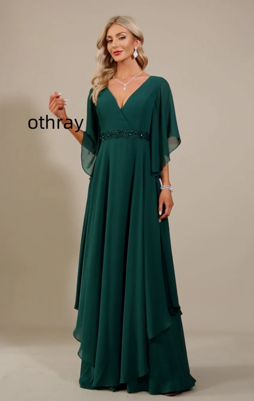 Othray A-line V-Neck Floor-Length Chiffon Mother of the Bride Dress With Beading Appliques Lace Sequins vestidos para gorditas