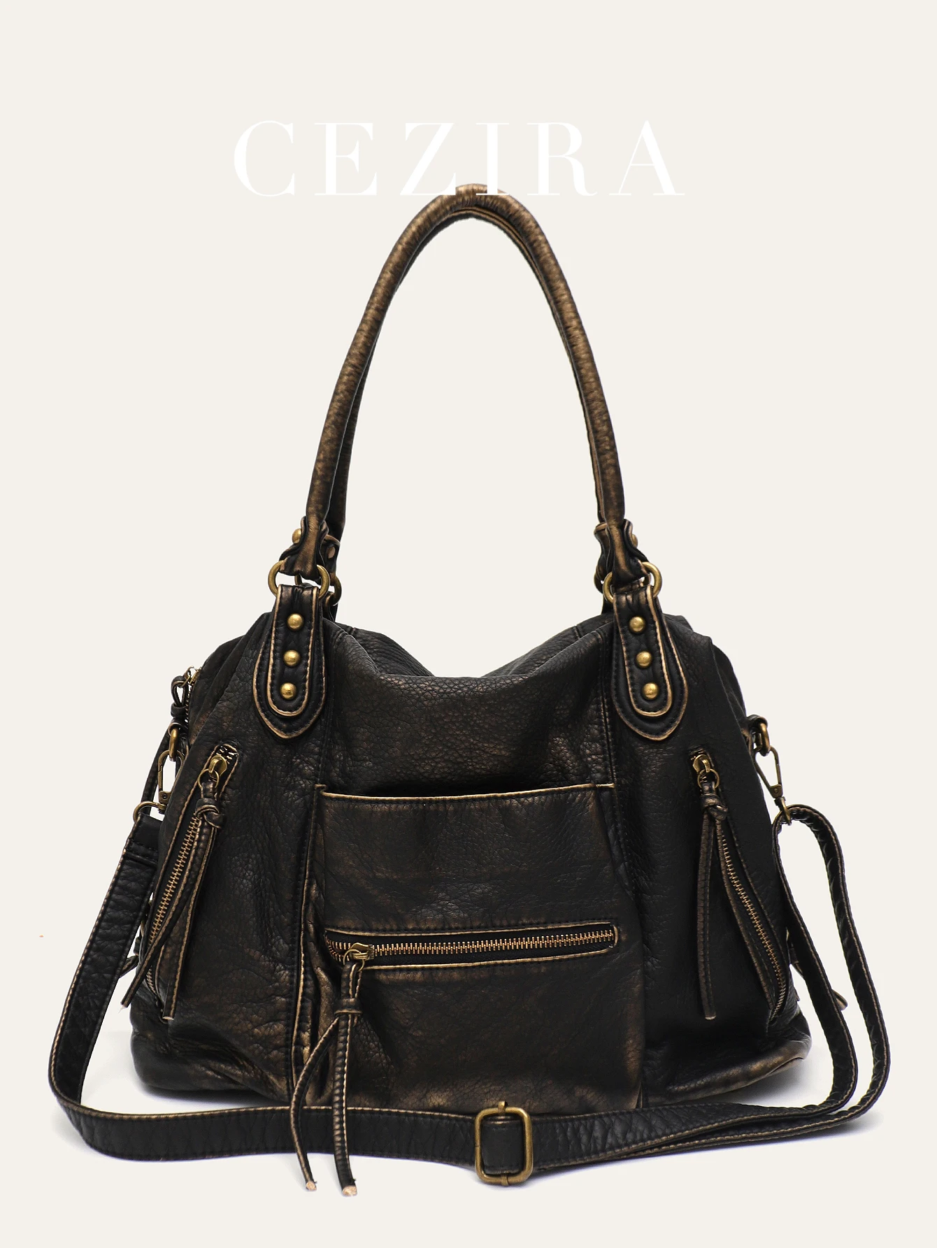 

CEZIRA Goth Punk Style Tote Women's Retro Brush-off Color Washed PU Rivets Crossbody Shoulder Handbag Large Bag Fits 13' Laptop